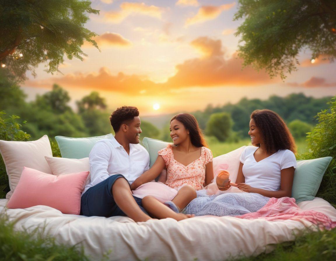 A romantic sunset setting featuring two diverse couples enjoying a picnic, surrounded by lush greenery and soft pillows, symbolizing love and openness. Include elements like a heart-shaped cloud and light bokeh effects to enhance the atmosphere. The couples should be engaged in a light-hearted conversation, showcasing affection and joy. vibrant colors. dreamy. painterly style.