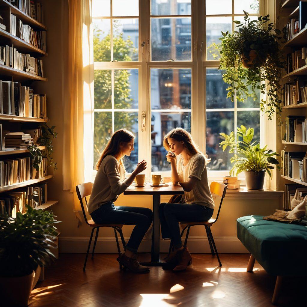 A warm, cozy scene depicting two people sharing a passionate conversation over a cup of coffee in a sunlit cafe, surrounded by books and plants symbolizing growth and connection. Their expressions convey deep engagement and understanding, while soft golden light filters through the window, creating an inviting atmosphere. Include details of handwritten notes and a heart symbol subtly integrated into the background. super-realistic. vibrant colors. soft focus.